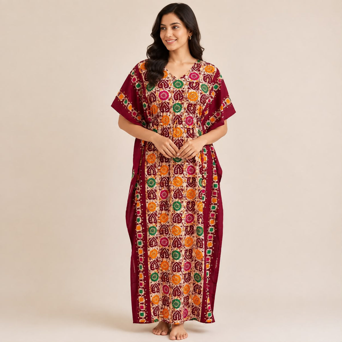 Maroon Ajrakh Printed Premium Cotton Feeding Kaftan | Free Size | Chest Width 44″| Length 56″