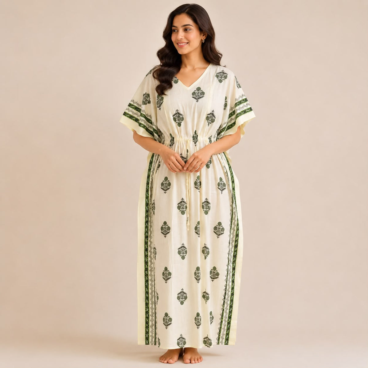 Pale Green Floral Printed Ivory Premium Cotton Feeding Kaftan | Free Size | Chest Width 44″| Length 56″