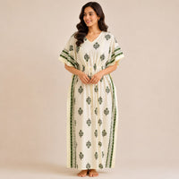 Pale Green Floral Printed Ivory Premium Cotton Feeding Kaftan | Free Size | Chest Width 44″| Length 56″