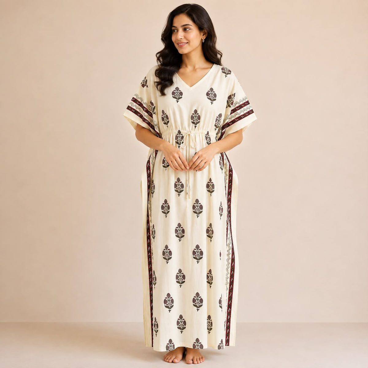 Red Floral Printed Ivory Premium Cotton Feeding Kaftan | Free Size | Chest Width 44″| Length 56″