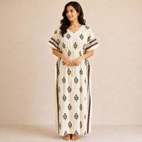 Red Floral Printed Ivory Premium Cotton Feeding Kaftan | Free Size | Chest Width 44″| Length 56″