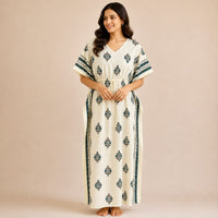 Teal Green Floral Printed Ivory Premium Cotton Feeding Kaftan | Free Size | Chest Width 44″| Length 56″