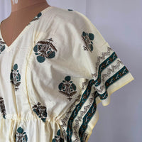 Teal Green Floral Printed Ivory Premium Cotton Feeding Kaftan | Free Size | Chest Width 44″| Length 56″