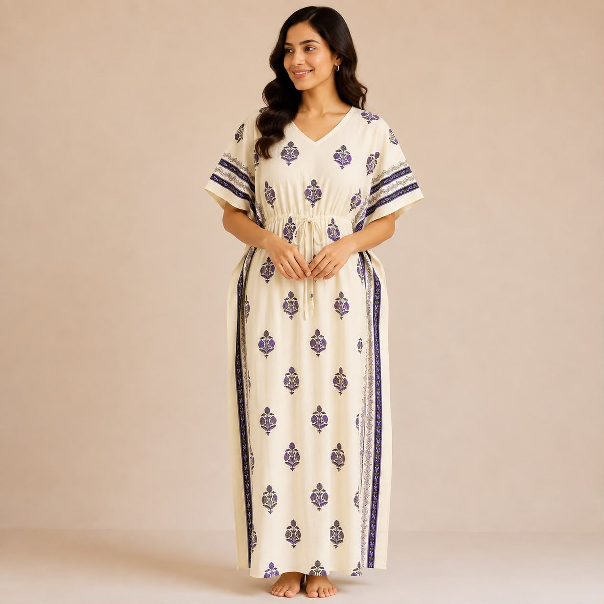 Purple Floral Printed Ivory Premium Cotton Feeding Kaftan | Free Size | Chest Width 44″| Length 56″