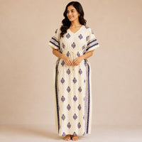 Purple Floral Printed Ivory Premium Cotton Feeding Kaftan | Free Size | Chest Width 44″| Length 56″