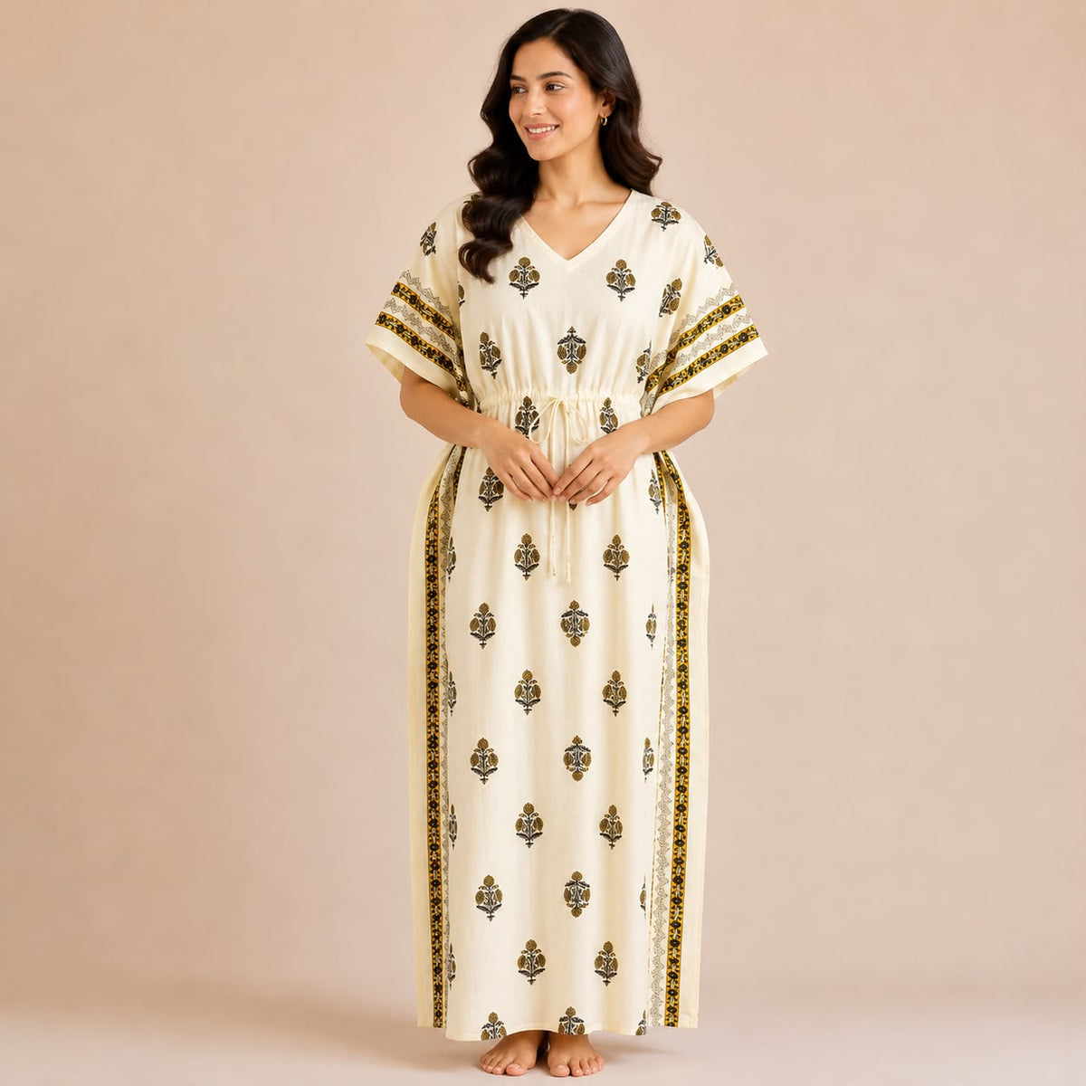 Yellow Floral Printed Ivory Premium Cotton Feeding Kaftan | Free Size | Chest Width 44″| Length 56″