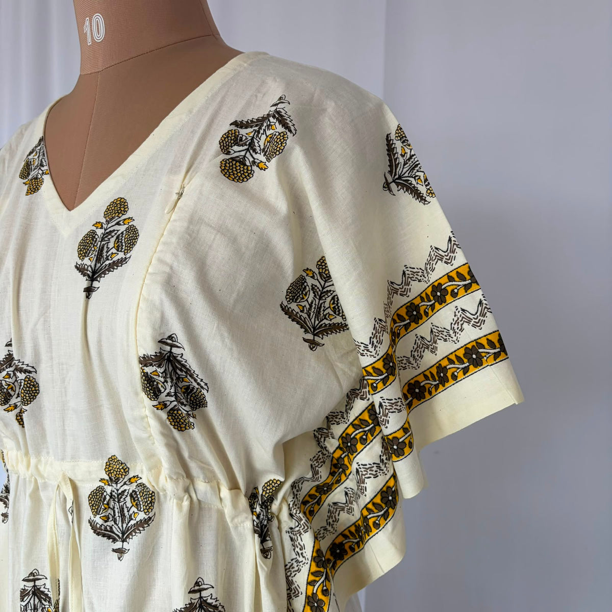 Yellow Floral Printed Ivory Premium Cotton Feeding Kaftan | Free Size | Chest Width 44″| Length 56″