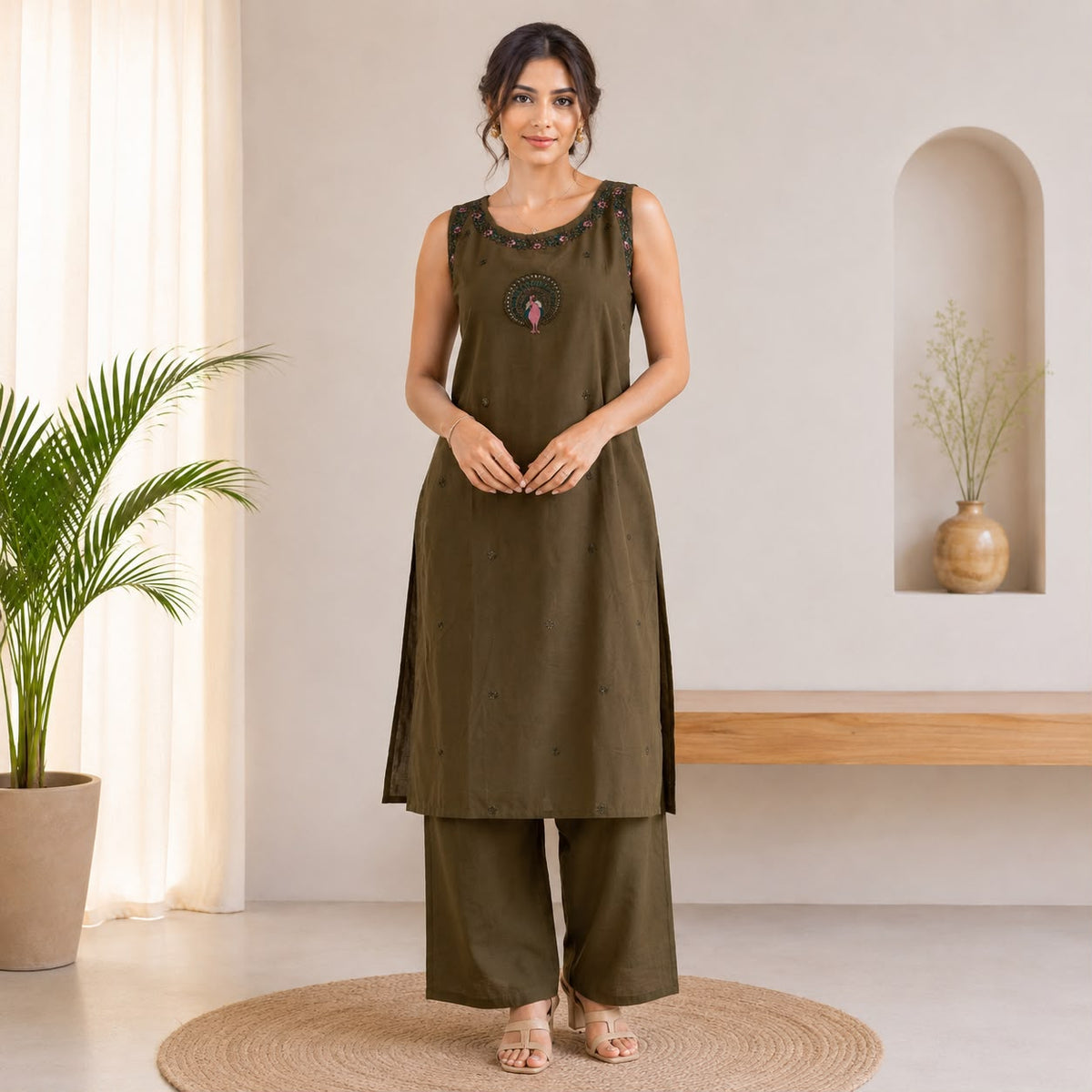 Grey Embroidered Cotton Co-ord Set