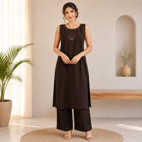 Brown Embroidered Cotton Co-ord Set