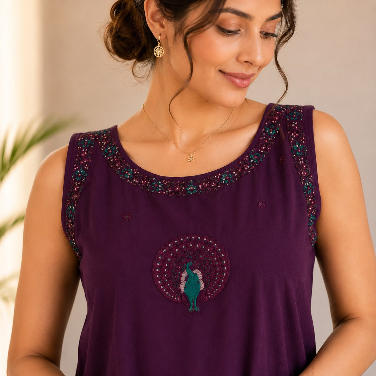 Purple Embroidered Cotton Co-ord Set