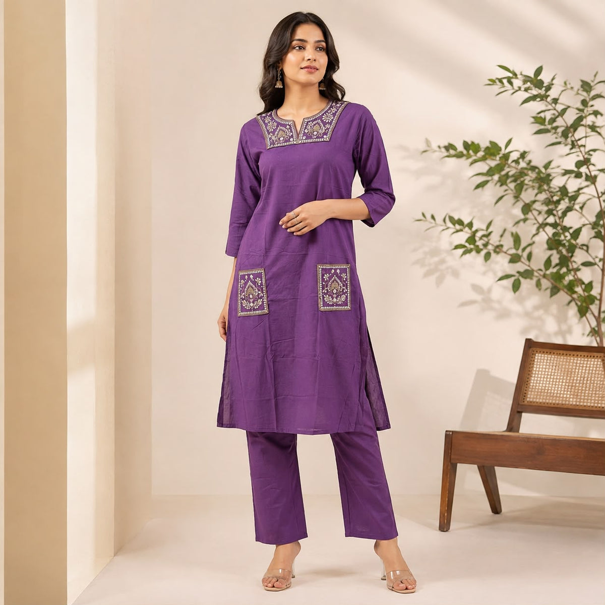 Violet Embroidered Cotton Co-ord Set