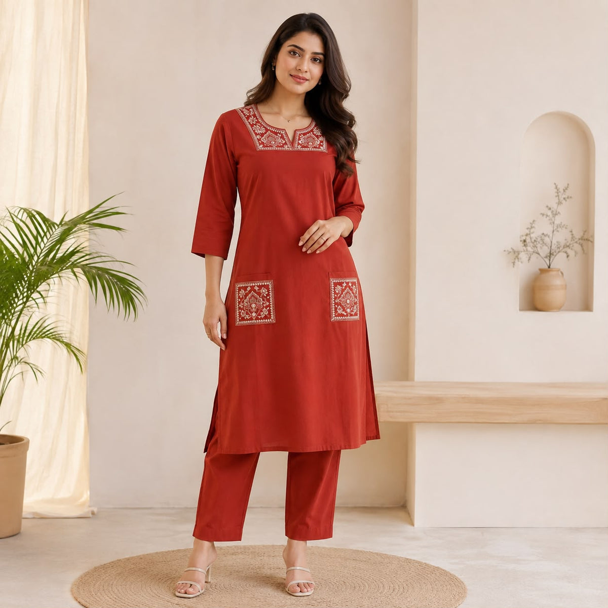 Rust Orange Embroidered Cotton Co-ord Set