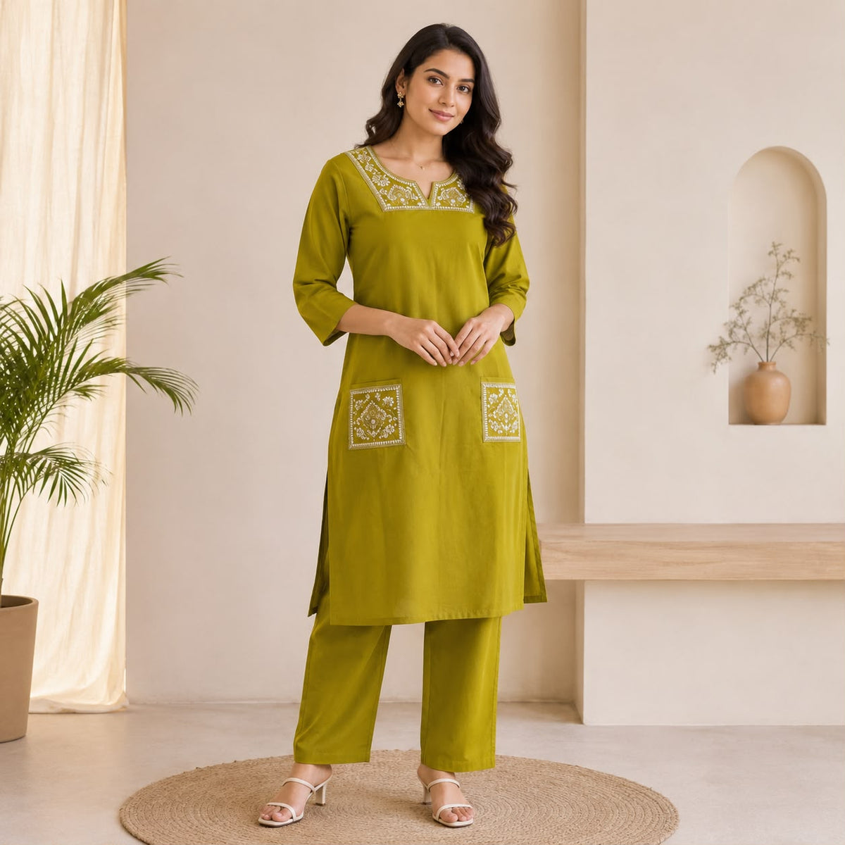 Pista Green Embroidered Cotton Co-ord Set