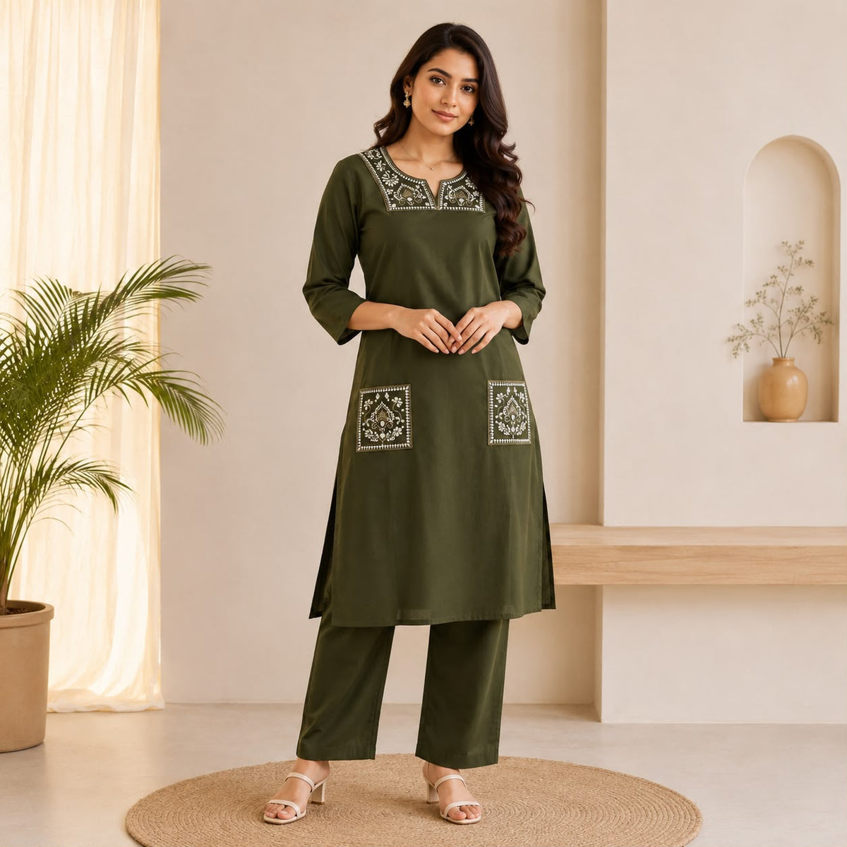 Green Embroidered Cotton Co-ord Set