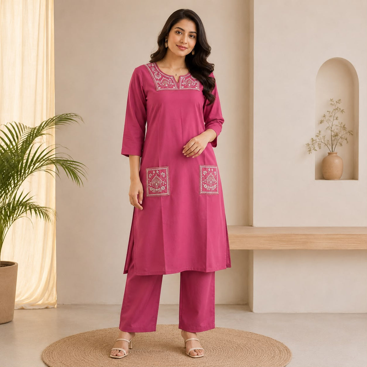 Pink Embroidered Cotton Co-ord Set