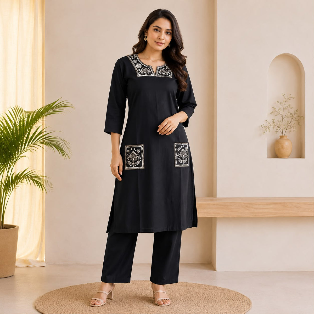 Black Embroidered Cotton Co-ord Set
