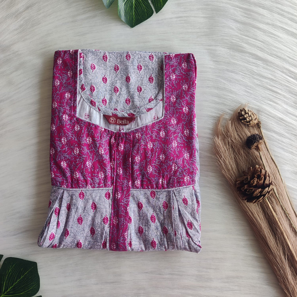 Pink And Grey Printed Premium Cotton Pleated Vertical Zip Feeding Nighty | Free Size | Chest Width 44″| Length 54″-56″