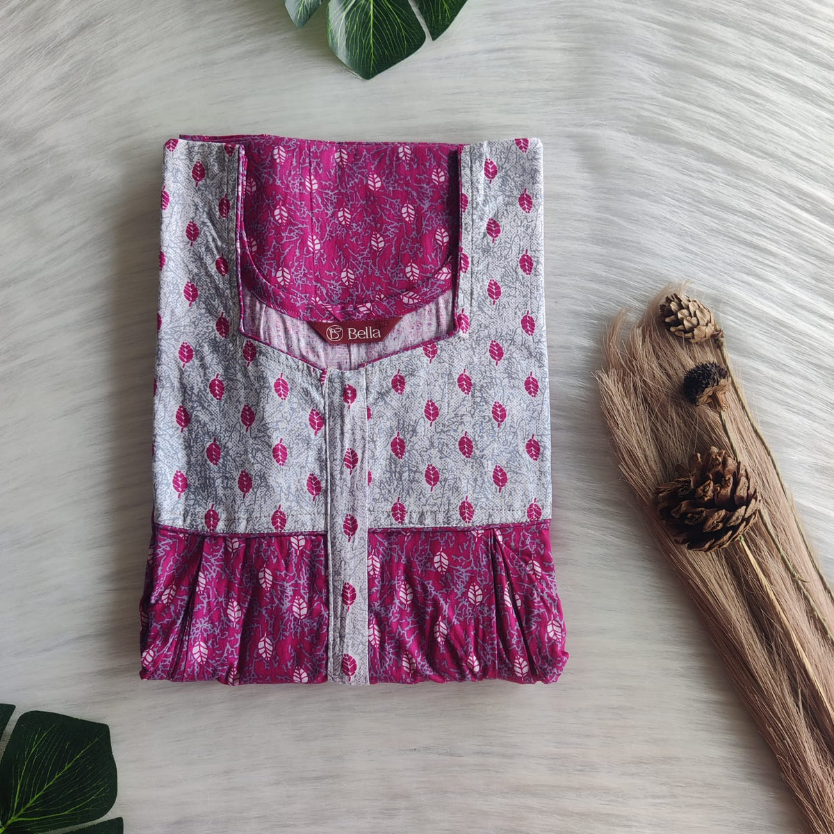 Grey And Pink Printed Premium Cotton Pleated Vertical Zip Feeding Nighty | Free Size | Chest Width 44″| Length 54″-56″