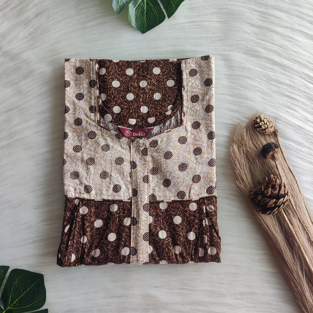 Cream And Brown Dot Printed Premium Cotton Pleated Vertical Zip Feeding Nighty | Free Size | Chest Width 44″| Length 54″-56″