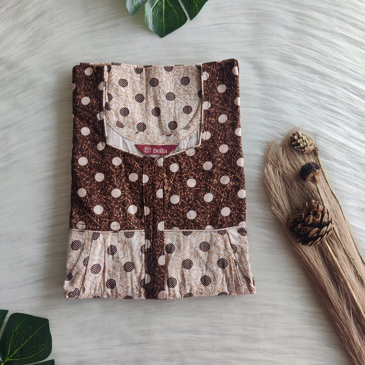 Brown And Cream Dot Printed Premium Cotton Pleated Vertical Zip Feeding Nighty | Free Size | Chest Width 44″| Length 54″-56″
