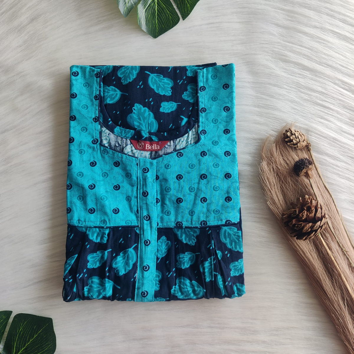 Pale And Dark Blue Leaf Printed Premium Cotton Pleated Vertical Zip Feeding Nighty | Free Size | Chest Width 44″| Length 54″-56″