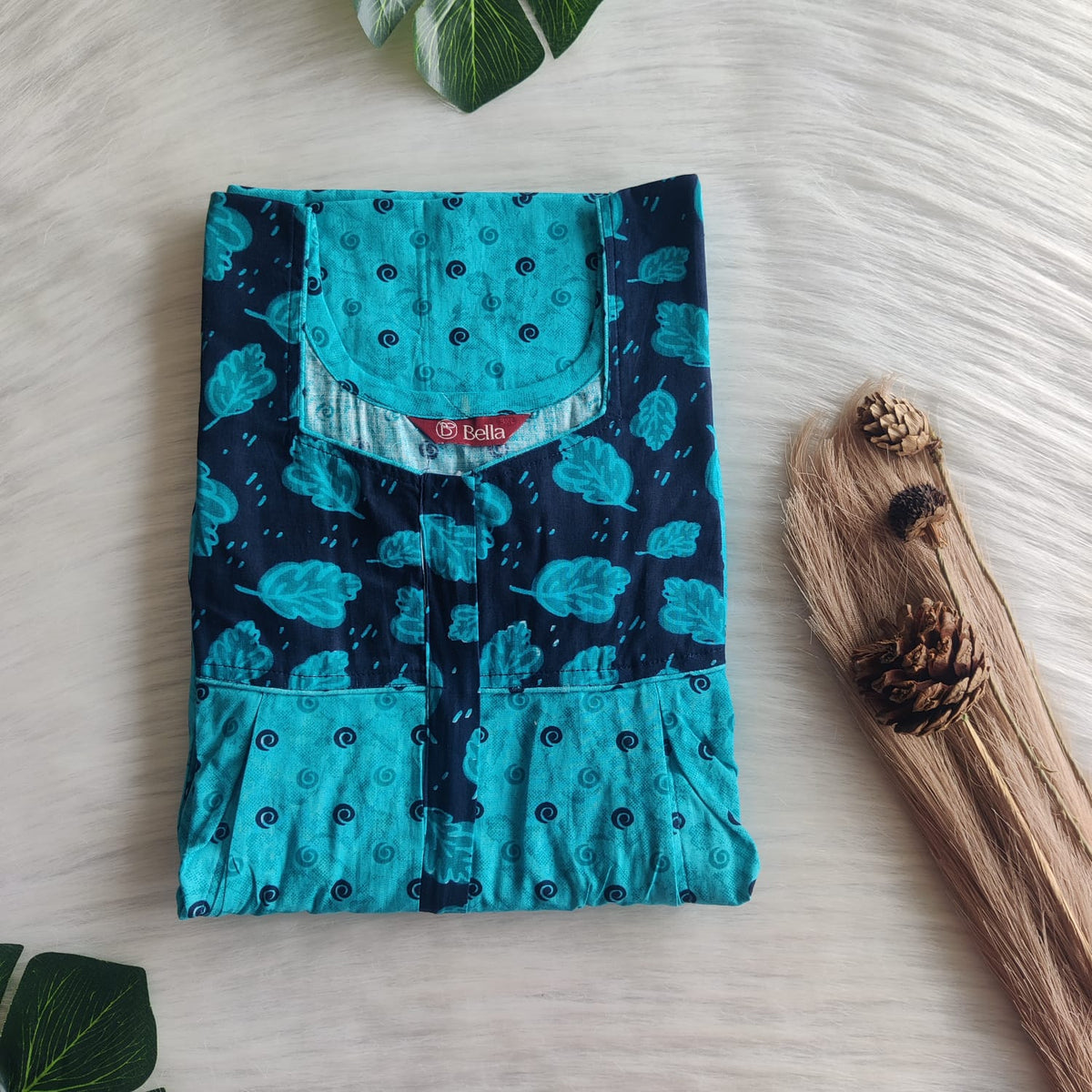Dark And Pale Blue Printed Premium Cotton Pleated Vertical Zip Feeding Nighty | Free Size | Chest Width 44″| Length 54″-56″