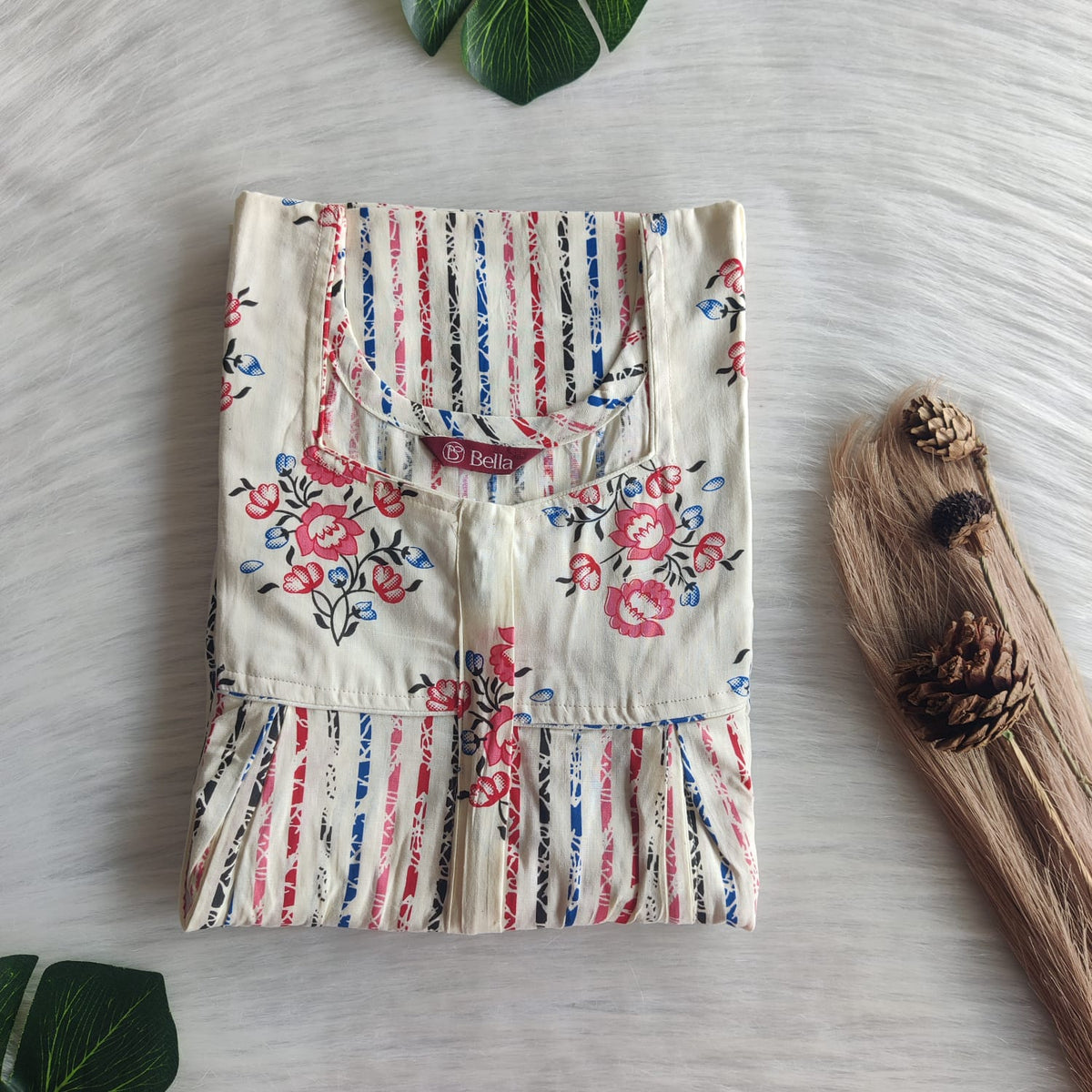 Red And Blue Stripes Printed Ivory Premium Cotton Pleated Vertical Zip Feeding Nighty | Free Size | Chest Width 44″| Length 54″-56″