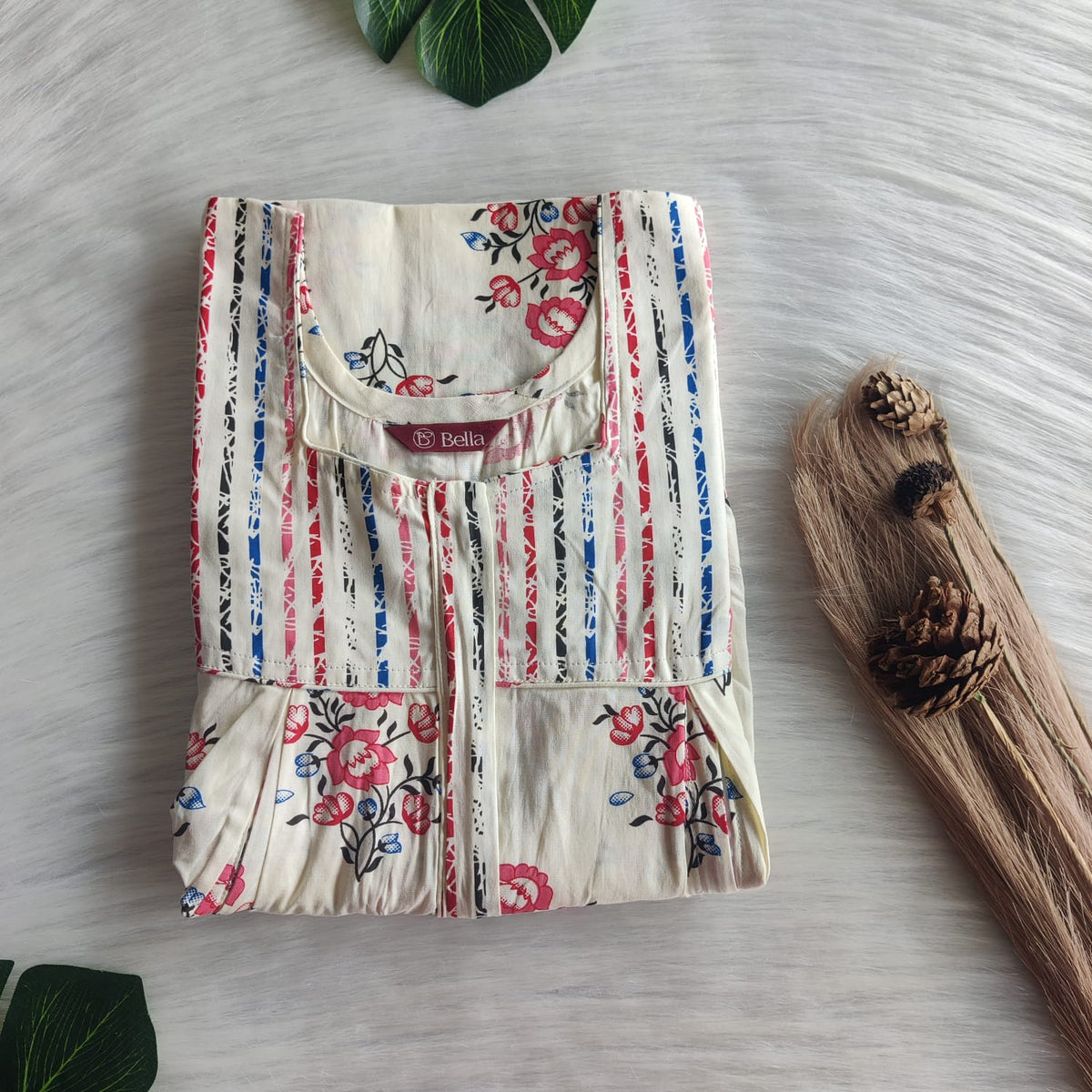 Blue And Red Floral Printed Ivory Premium Cotton Pleated Vertical Zip Feeding Nighty | Free Size | Chest Width 44″| Length 54″-56″