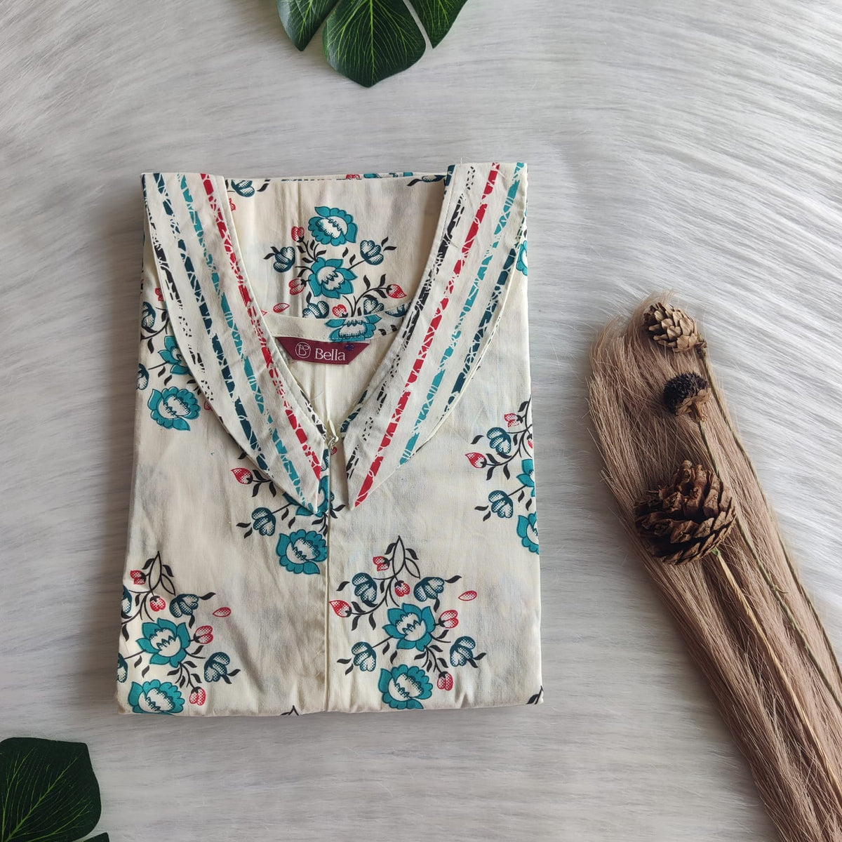 Red And Blue Floral Printed Ivory Premium Cotton Peter Pan Collar Long Zip Feeding Nighty | Free Size | Chest Width 44″| Length 56″