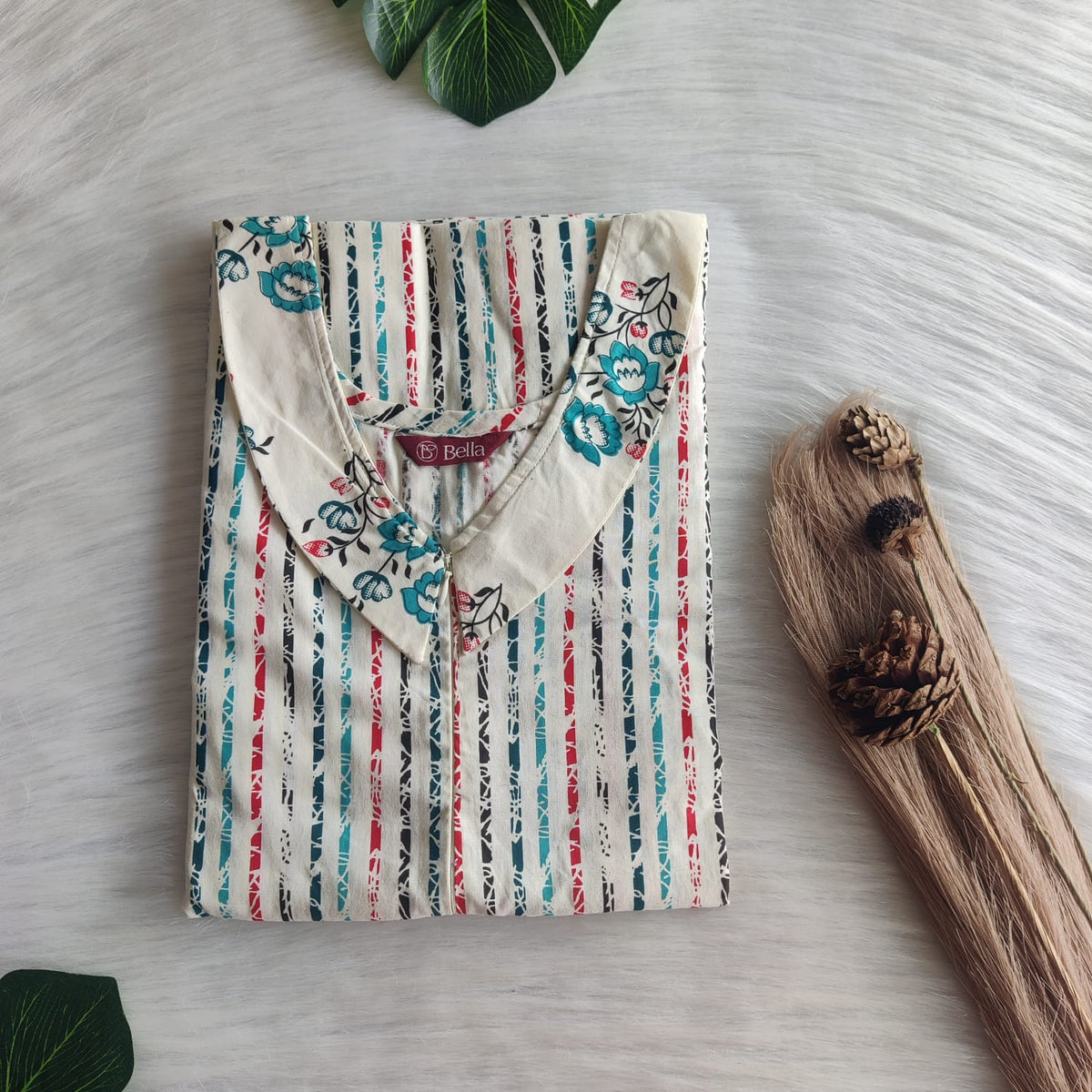 Green And Red Stripes Printed Ivory Premium Cotton Peter Pan Collar Long Zip Feeding Nighty | Free Size | Chest Width 44″| Length 56″