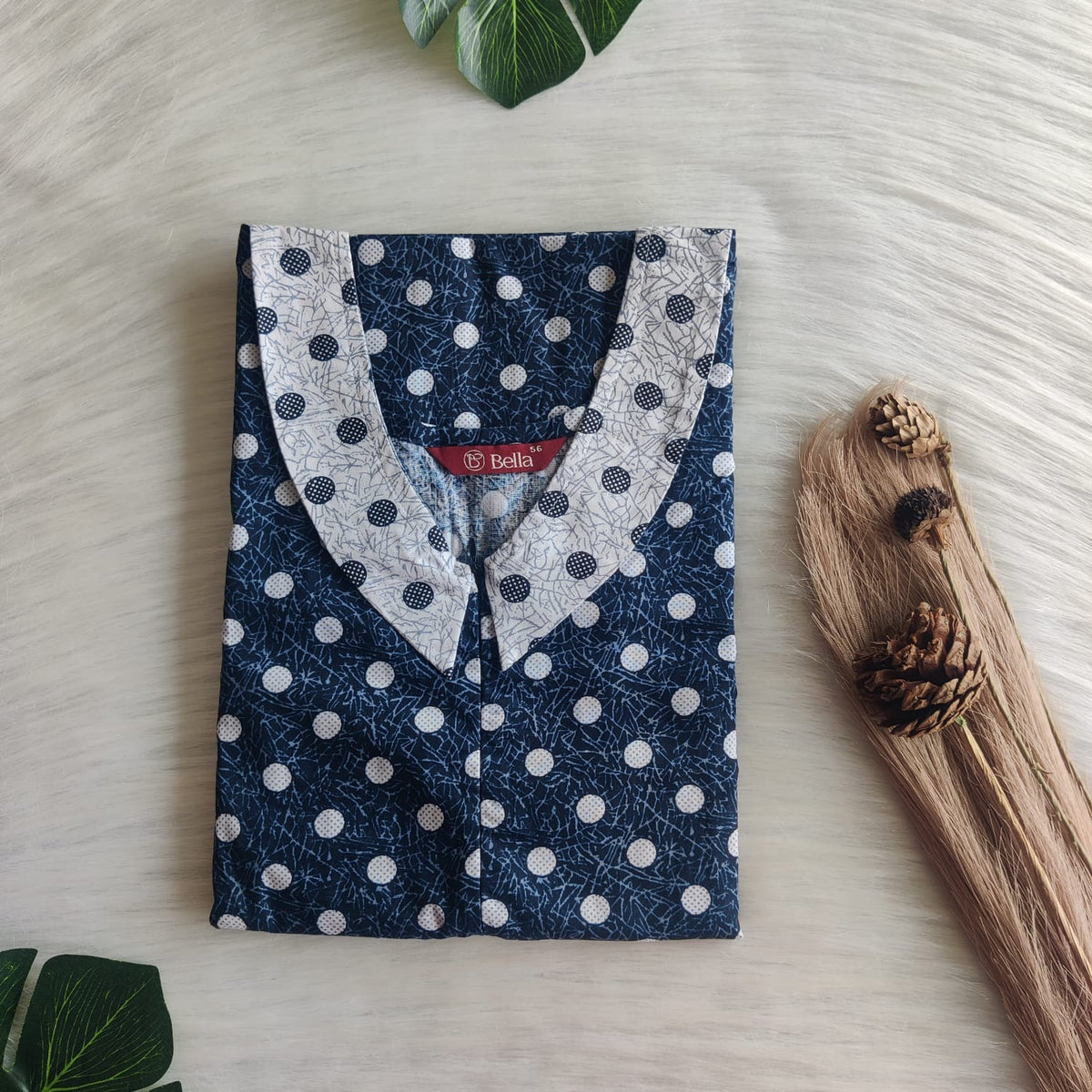 White And Navy Blue Dot Printed Premium Cotton Peter Pan Collar Long Zip Feeding Nighty | Free Size | Chest Width 44″| Length 56″