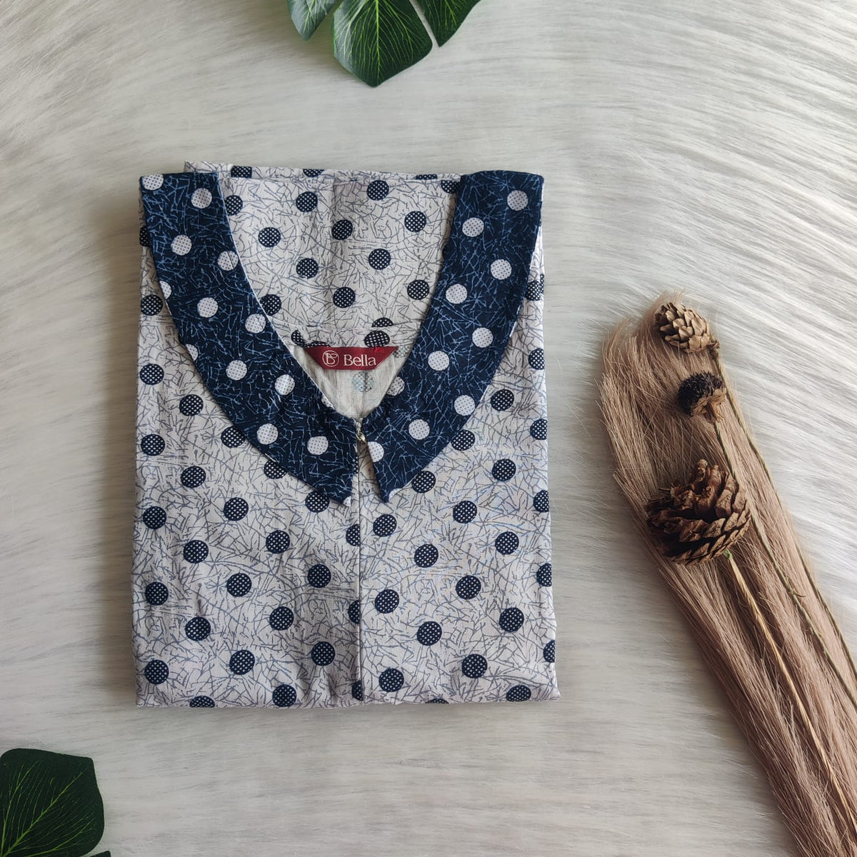 Navy Blue And White Dot Printed Premium Cotton Peter Pan Collar Long Zip Feeding Nighty | Free Size | Chest Width 44″| Length 56″