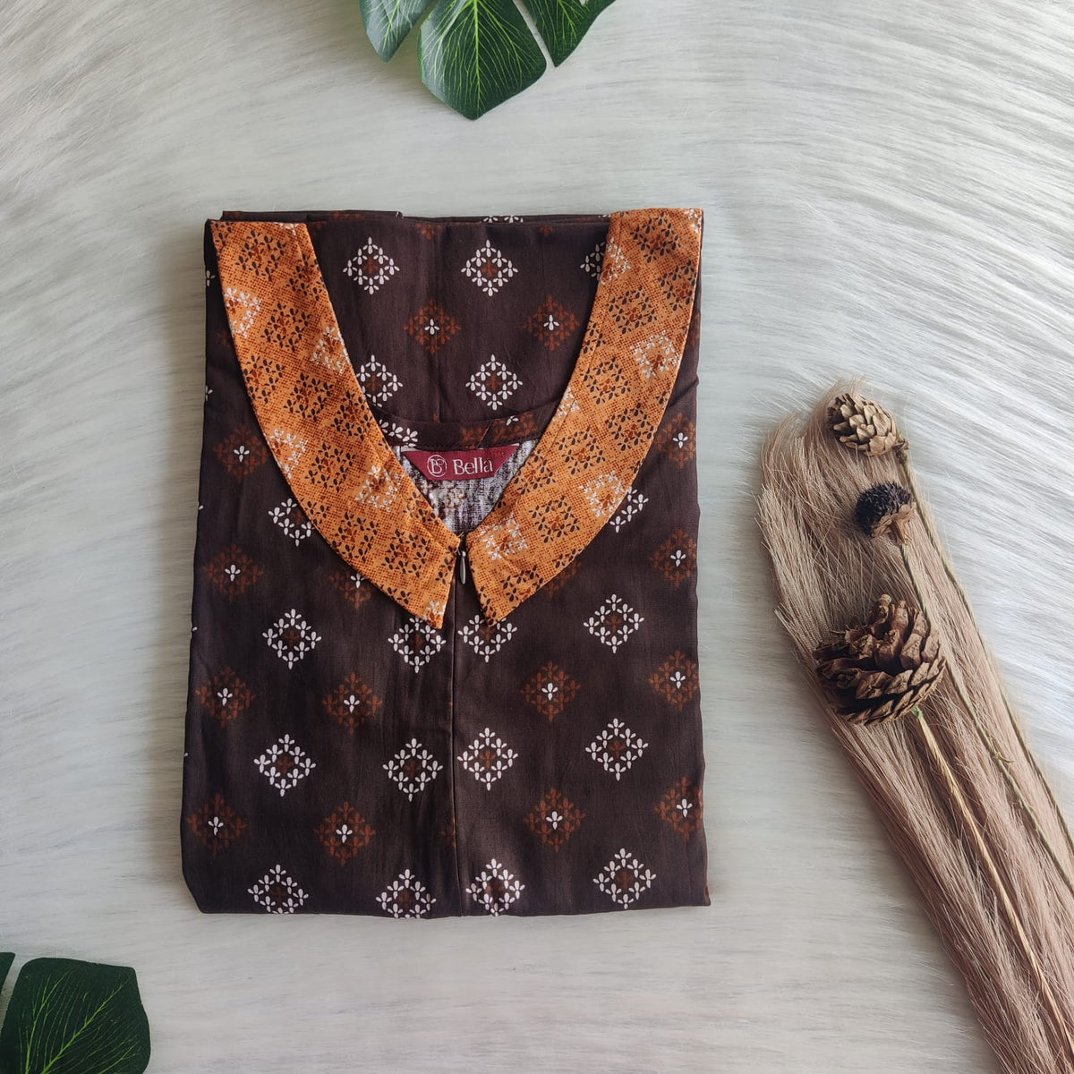 Pale And Dark Coffee Brown Printed Premium Cotton Peter Pan Collar Long Zip Feeding Nighty | Free Size | Chest Width 44″| Length 56″