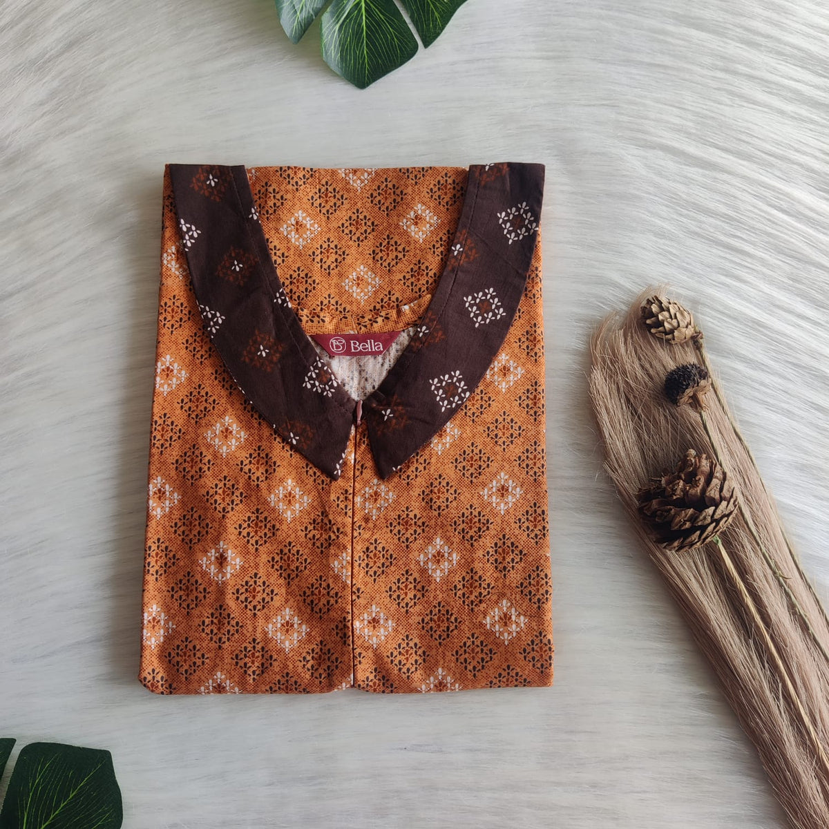 Dark And Pale Coffee Brown Printed Premium Cotton Peter Pan Collar Long Zip Feeding Nighty | Free Size | Chest Width 44″| Length 56″