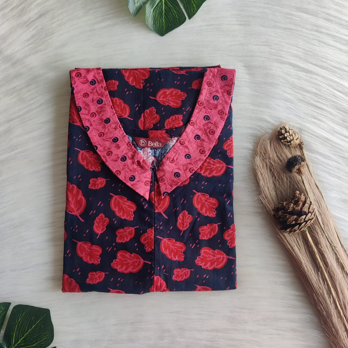 Peach And Navy Blue Leaf Printed Premium Cotton Peter Pan Collar Long Zip Feeding Nighty | Free Size | Chest Width 44″| Length 56″