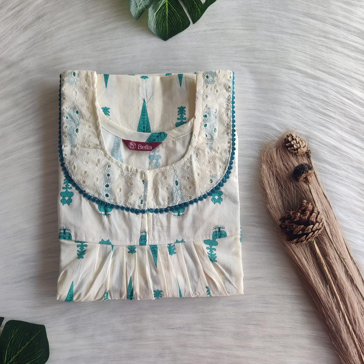 Green Printed Ivory Premium Cotton Hakoba Lace Nighty | Free Size | Chest Width 44″| Length 54″-56″