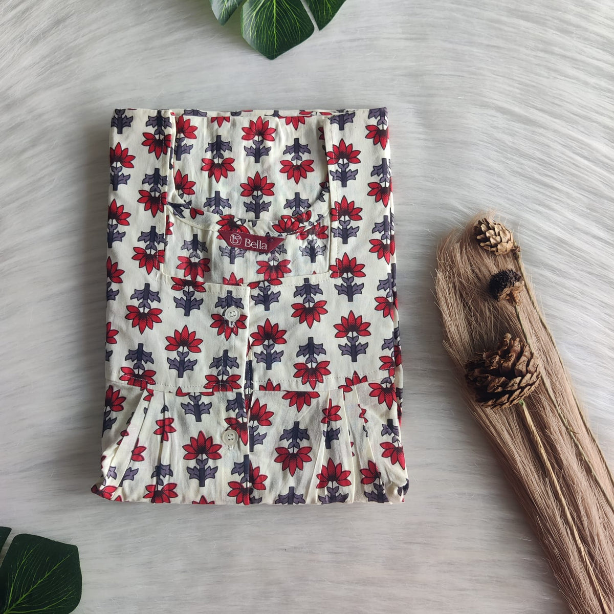 Red Floral Printed Ivory Premium Cotton Full Open Labour Room Nighty | Free Size | Chest Width 44"| Length 54"-56"