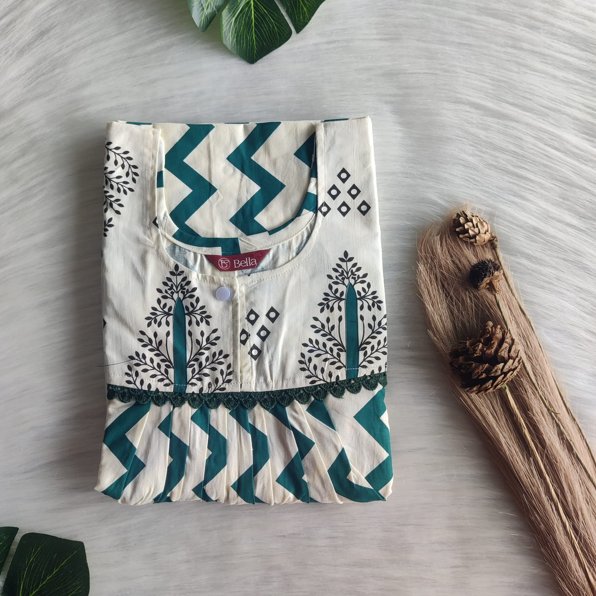 Ivory And Green Zig-Zag Printed Premium Cotton Lace Nighty | Free Size | Chest Width 44″| Length 54″-56″