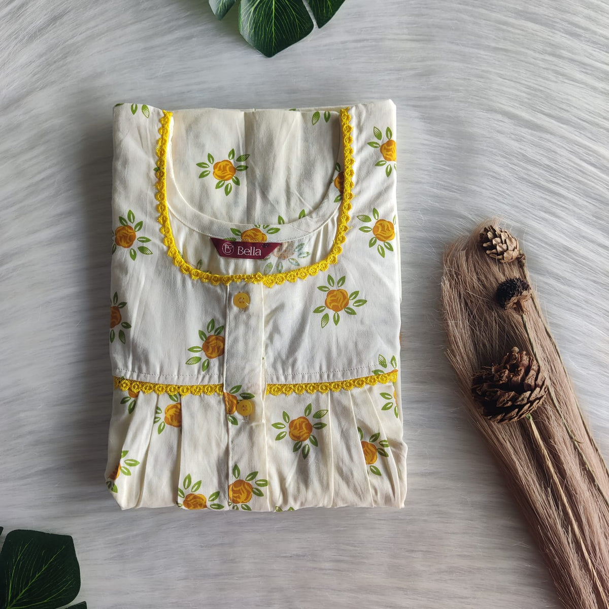 Yellow Floral Printed Ivory Premium Cotton Lace Button Nighty | Free Size | Chest Width 44"| Length 54"-56"
