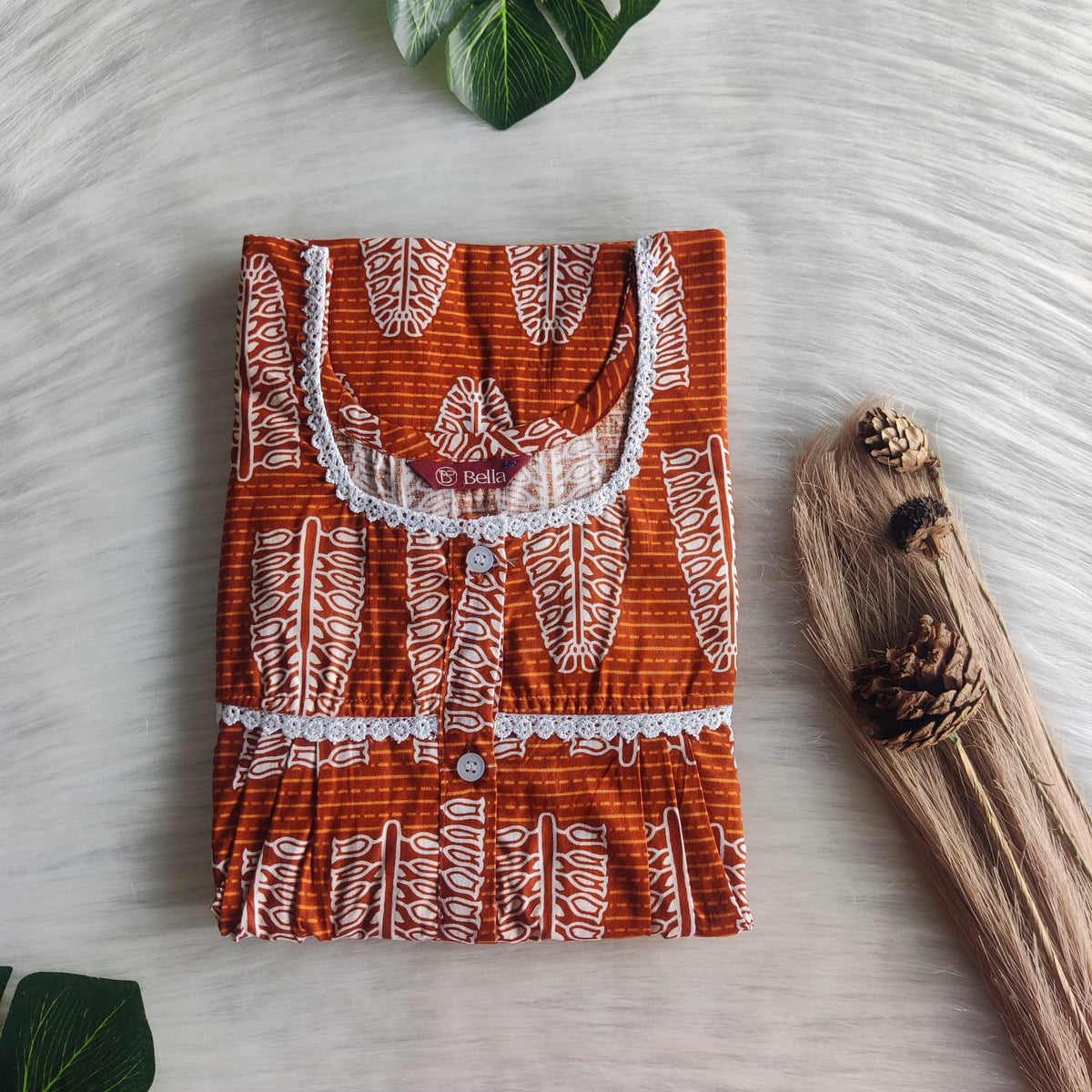 Brown Printed Premium Cotton Lace Button Nighty | Free Size | Chest Width 44"| Length 54"-56"