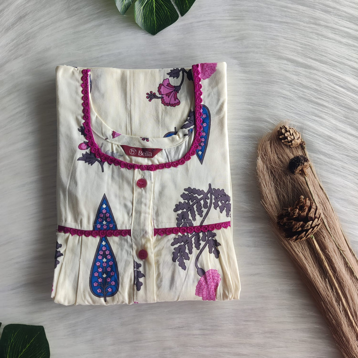 Blue Leaf Printed Ivory Premium Cotton Lace Button Nighty | Free Size | Chest Width 44"| Length 54"-56"