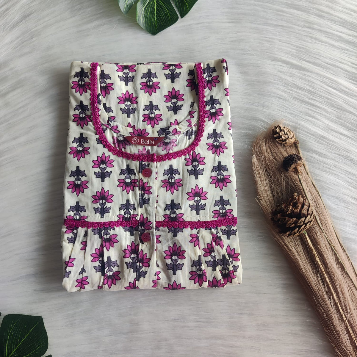 Pink Floral Printed Ivory Premium Cotton Lace Button Nighty | Free Size | Chest Width 44"| Length 54"-56"