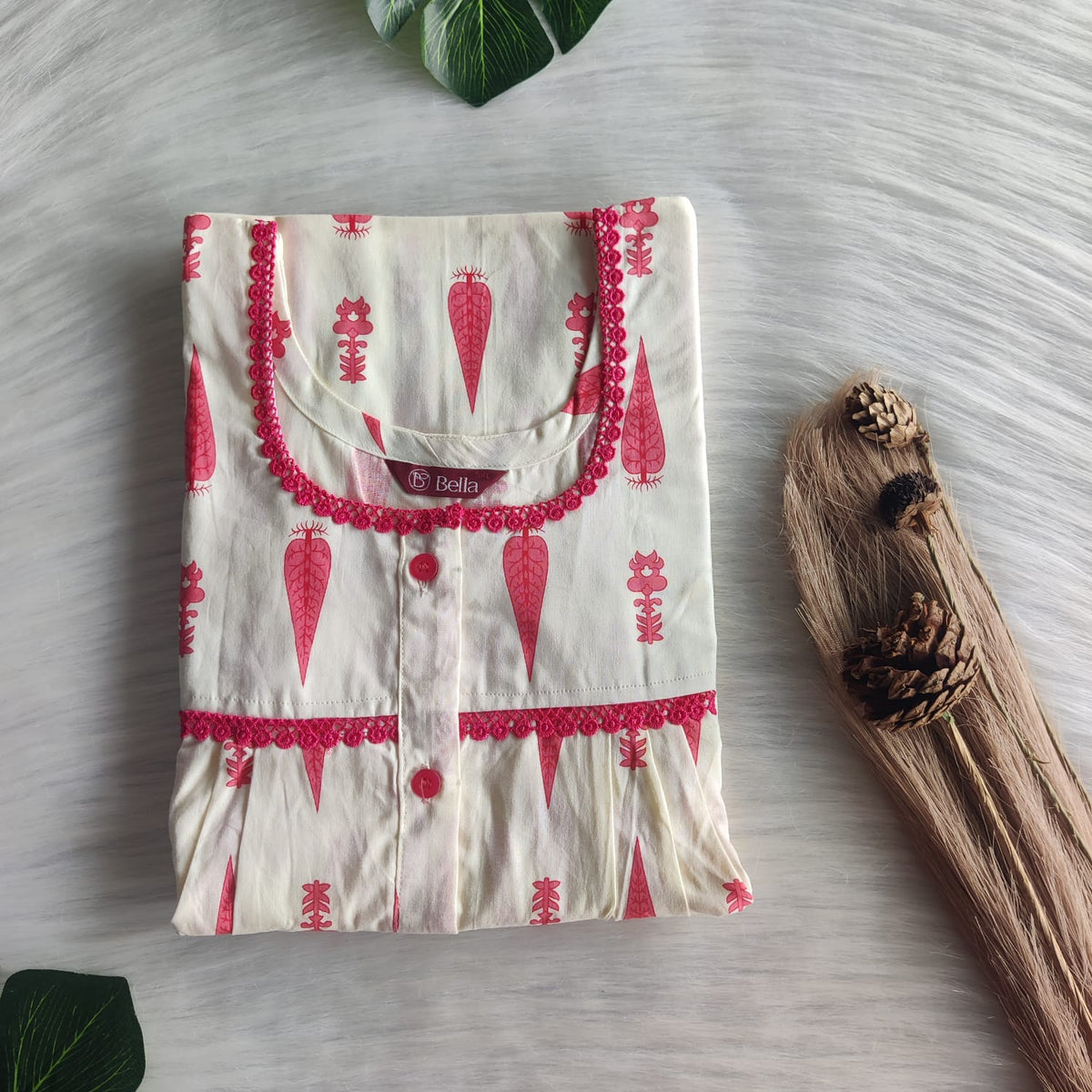 Red Leaf Printed Ivory Premium Cotton Lace Button Nighty | Free Size | Chest Width 44"| Length 54"-56"
