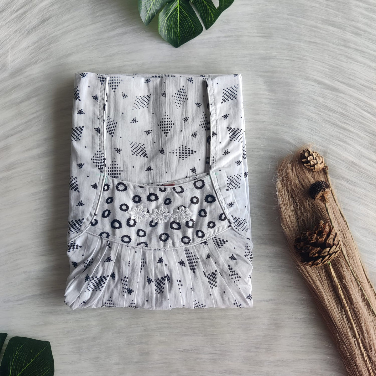 White Printed Premium Cotton Three Flower Nighty |Free Size | Chest Width 44"| Length 54"-55"