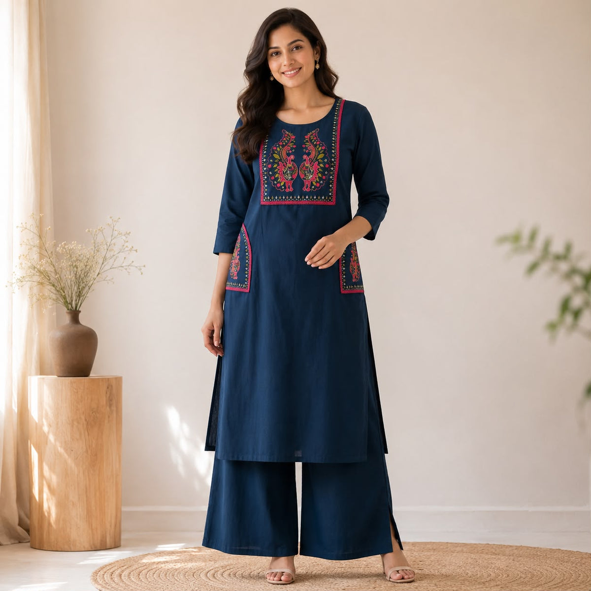 Blue Embroidered Cotton Co-ord Set