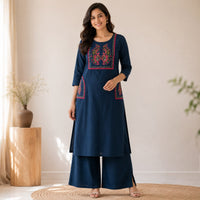 Blue Embroidered Cotton Co-ord Set