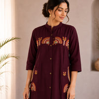 Wine Embroidered Cotton Co-ord Set