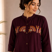 Wine Embroidered Cotton Co-ord Set
