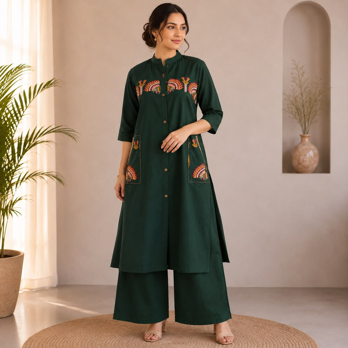 Green Embroidered Cotton Co-ord Set
