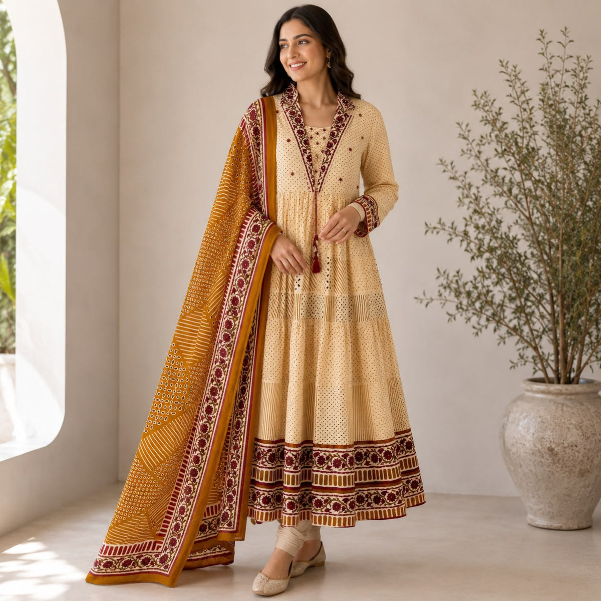 Cream And Yellow Mul Cotton 3 Piece Set